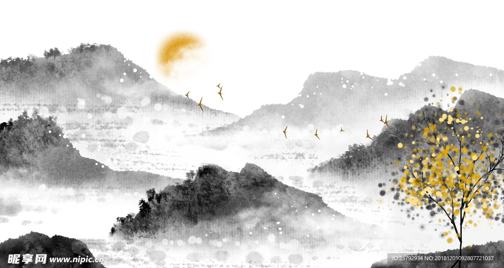 中国风黑白水墨清新山水背景插画