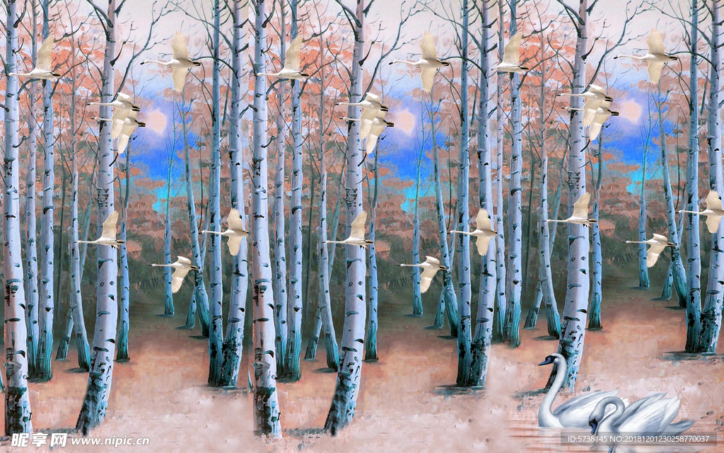 森林油画玄关屏风背景底纹素材