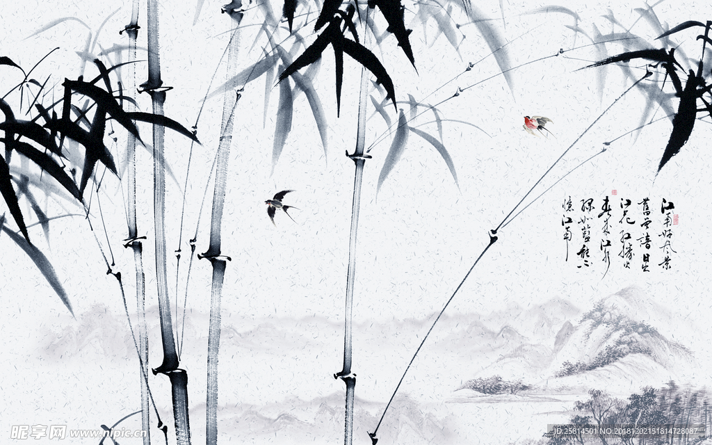 新中式意境水墨山水画背景壁画