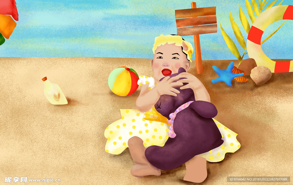 沙滩上玩耍的小宝贝-插画