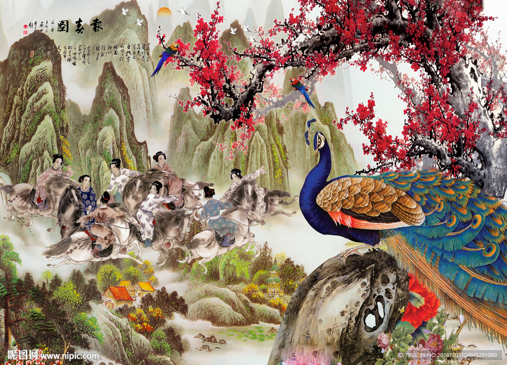 新中式古典仕女背景墙