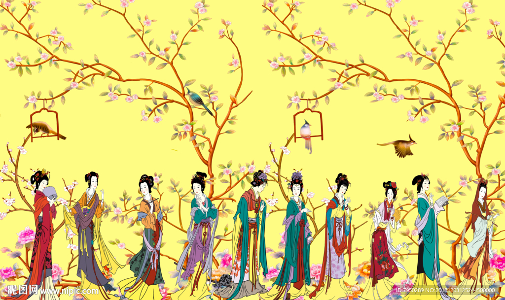 新中式古典仕女背景墙