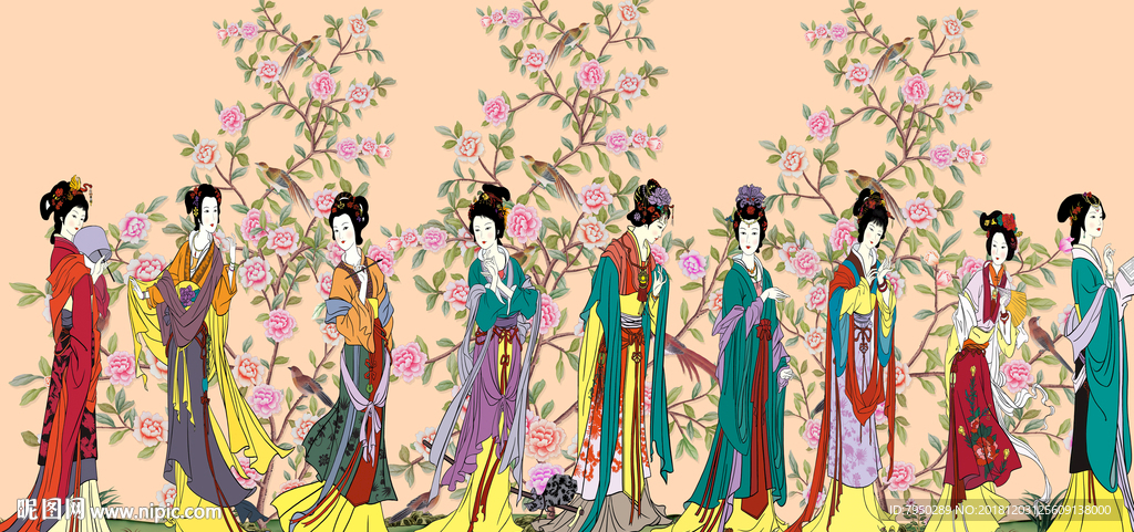 新中式古典仕女背景墙