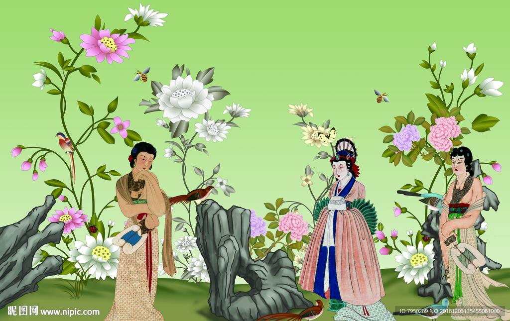 新中式古典仕女背景墙