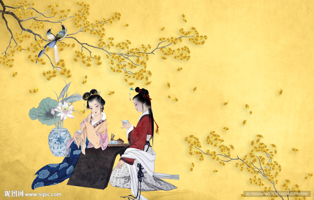 新中式古典仕女背景墙