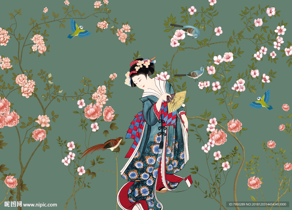 新中式古典仕女背景墙