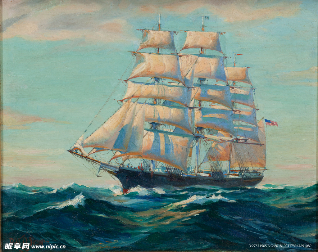 帆船大海油画图片