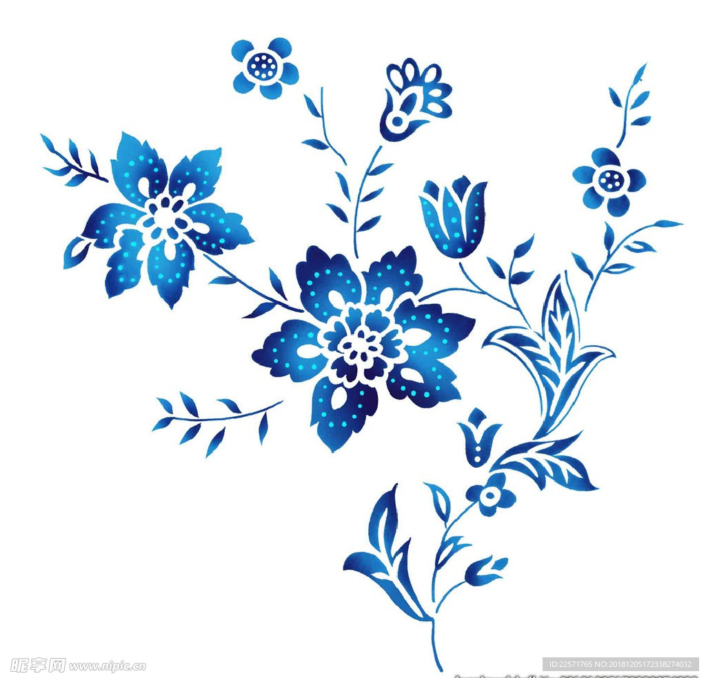 中国风青花瓷图案psd花朵