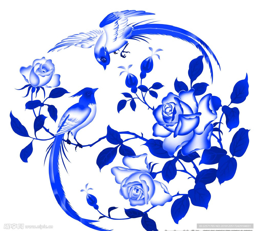 中国风青花瓷图案psd花朵