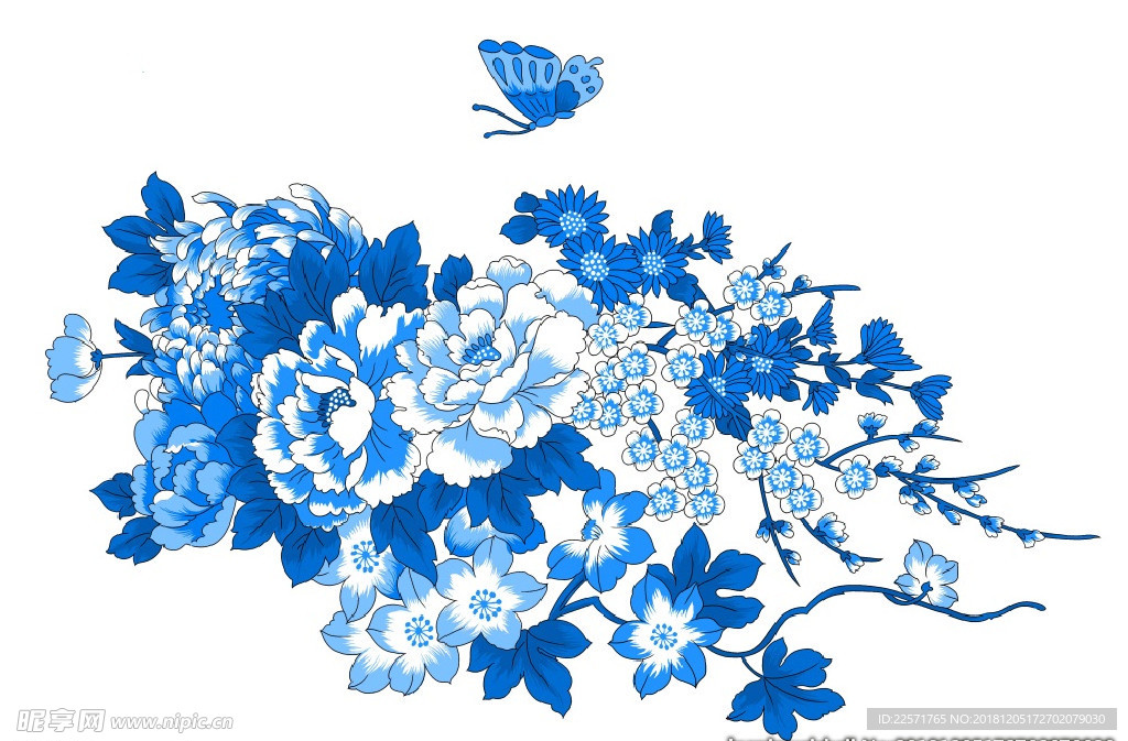 中国风青花瓷图案psd花朵