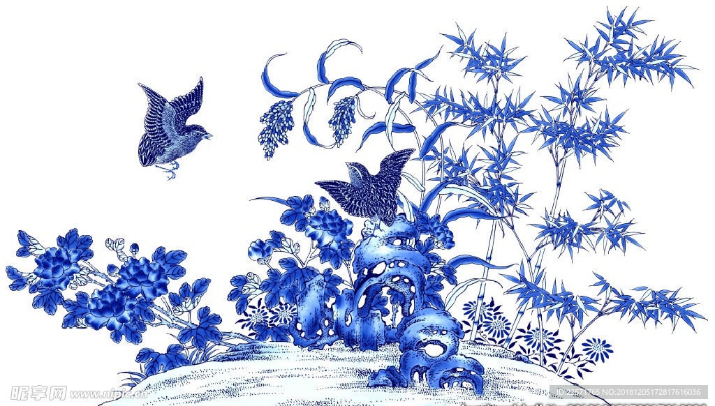 中国风青花瓷图案psd花朵