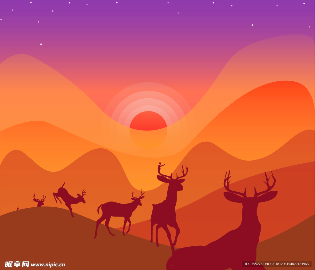 夕阳下的鹿群