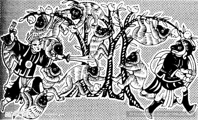 猴子摘桃 欧式黑纹 古典花纹