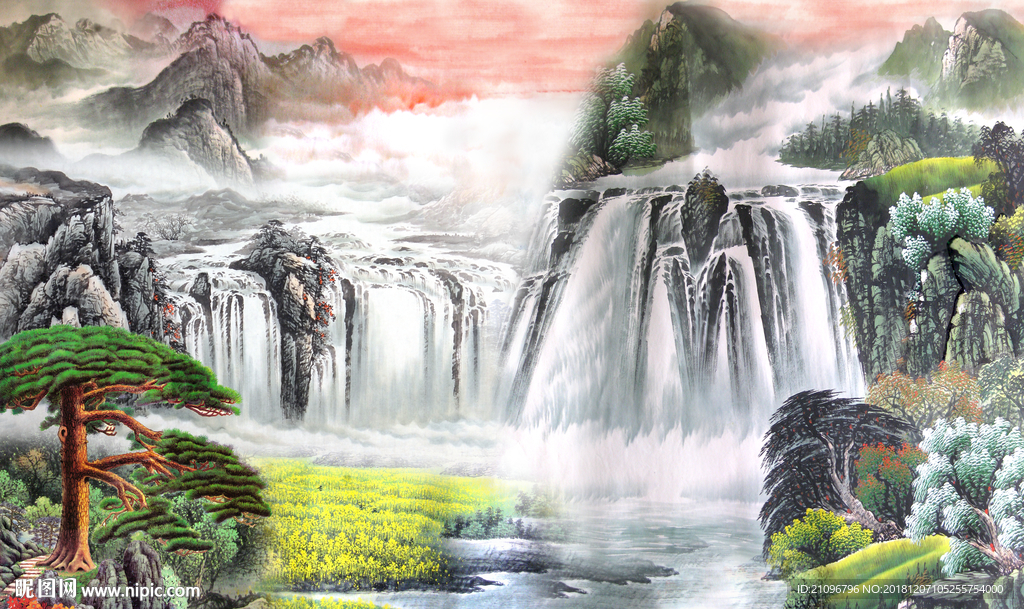客厅背景 沙发背景 国画山水