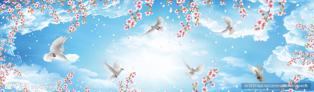 蓝天 桃花  鸽子 阳光 白云