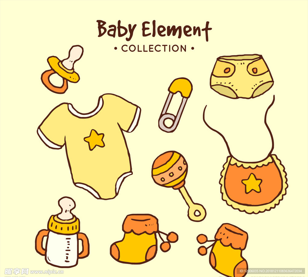 8款手绘黄色婴儿用品矢量素材