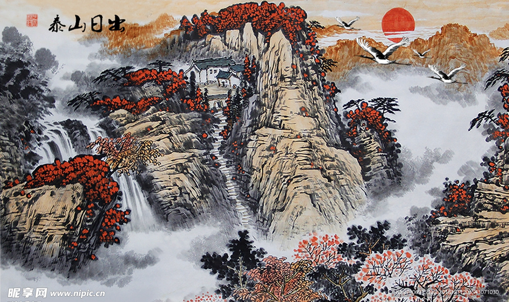 中式国画写意泰山日出背景墙