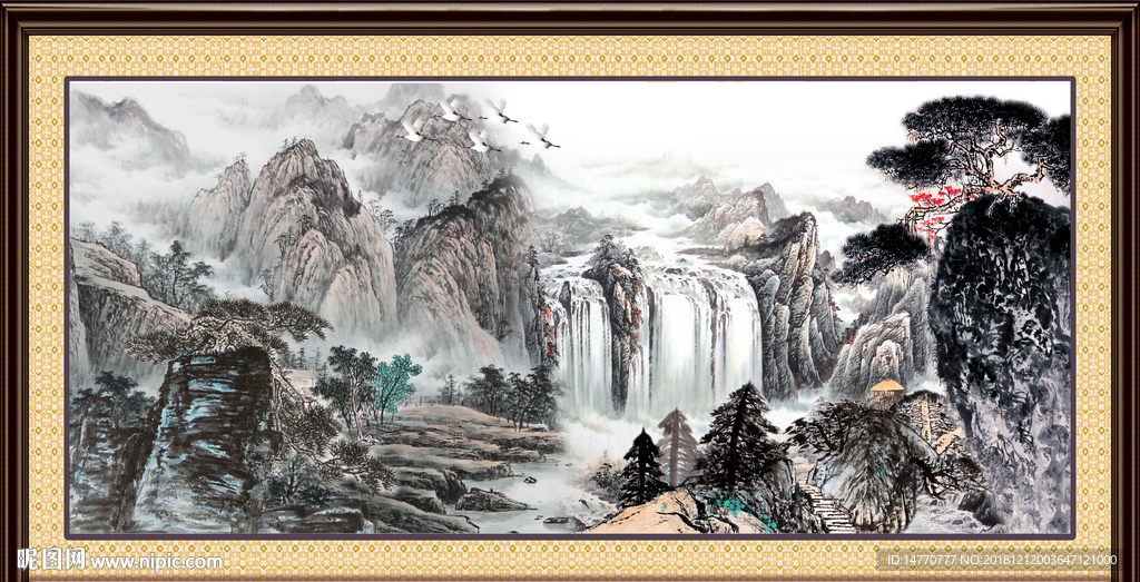 客厅山水画 流水生财 高山流水