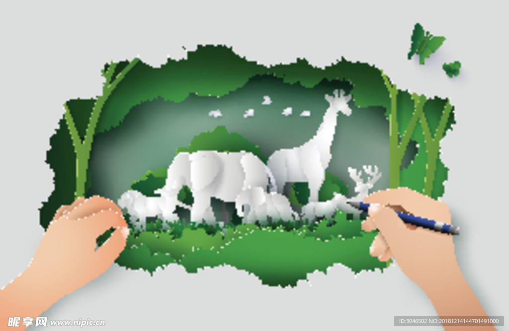 森林动物立体剪纸插画