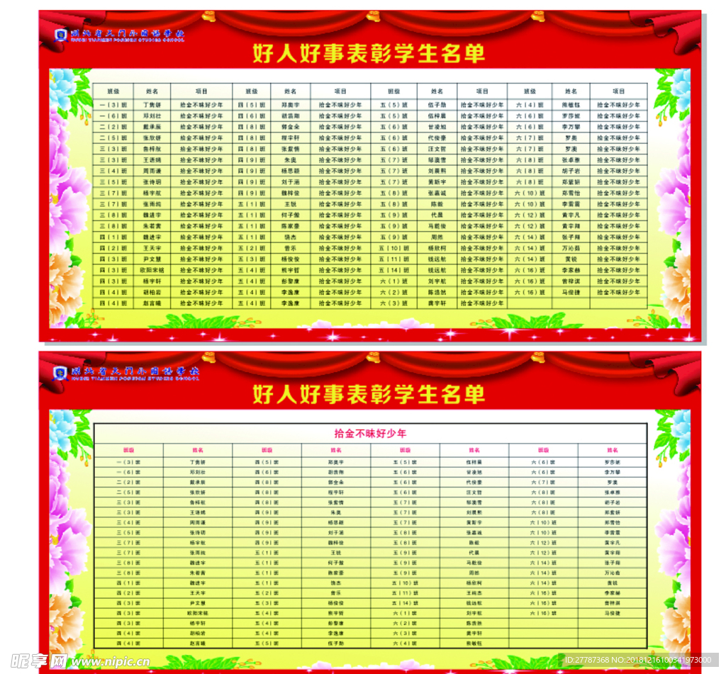 学校好人好事拾金不昧名单展板