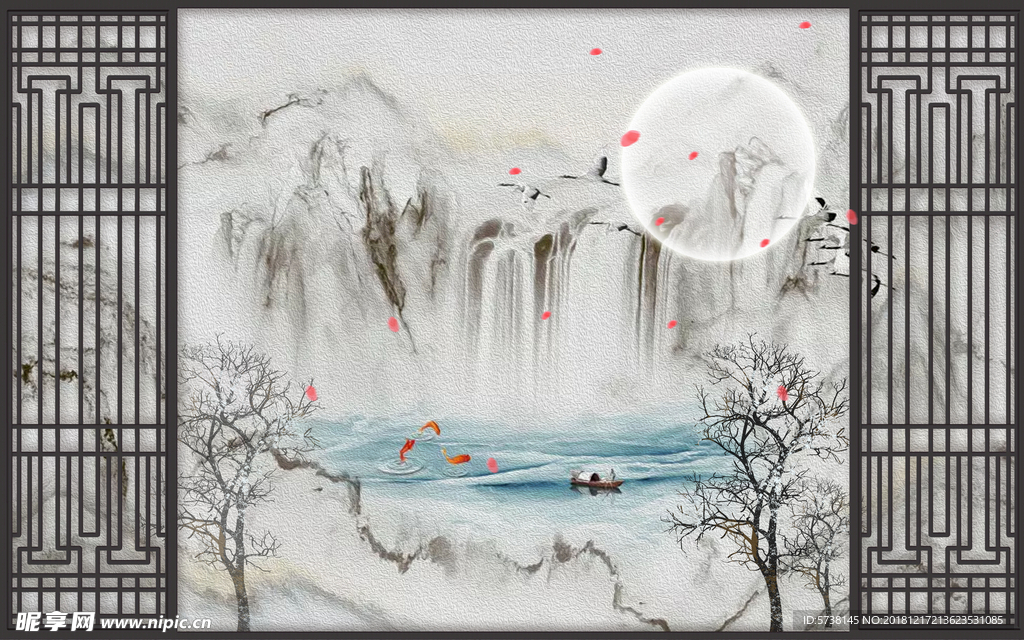 中式框山水玄关屏风背景底纹素材