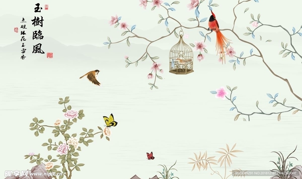 特斯拉法新中式花鸟缠枝背景墙