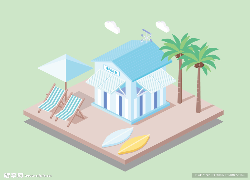 沙滩小屋扁平化插图