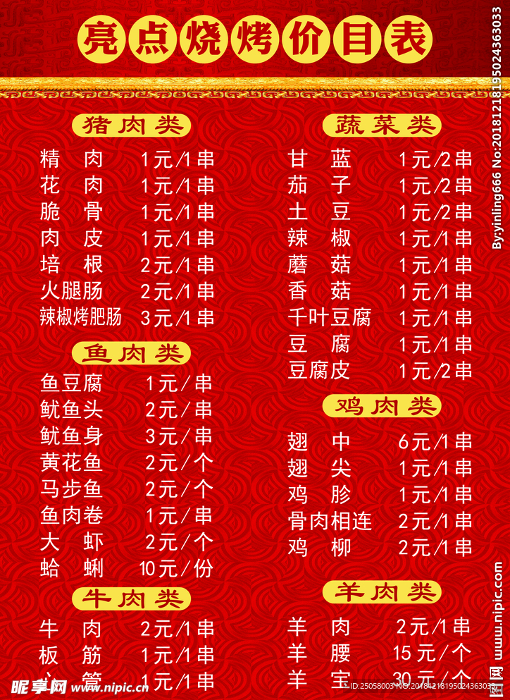 价格表