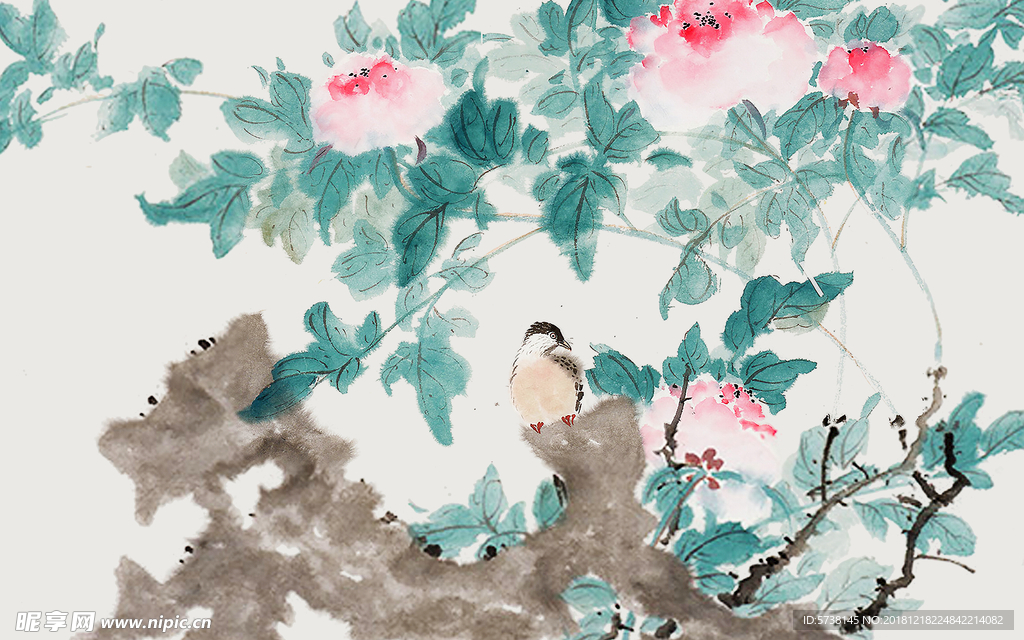 花鸟创意中式玄关屏风背景底纹素