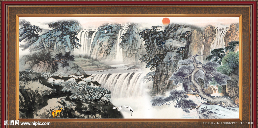 山水国画 巨幅山水 旭日东升