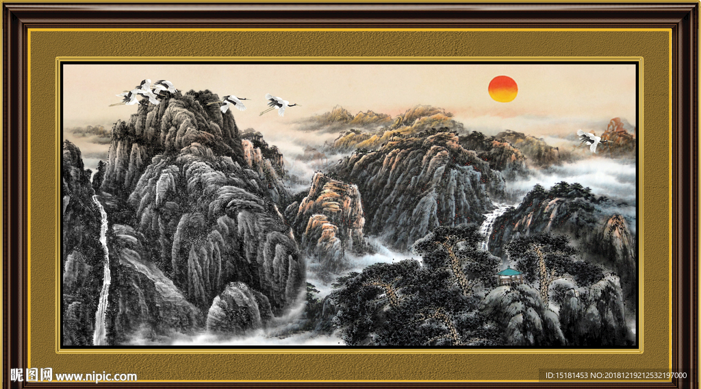 山水国画 巨幅山水 旭日东升