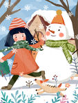 冬天雪人小孩