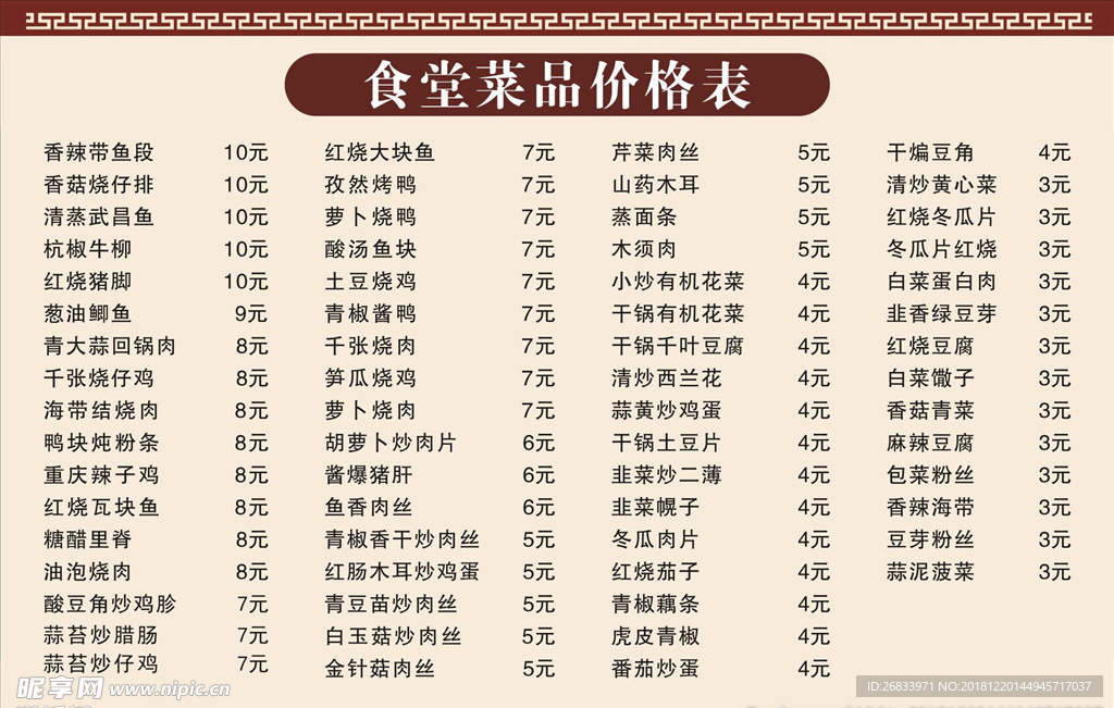 食堂菜品价格表