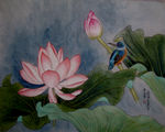 吴玉阳工笔画重彩画荷花翠鸟
