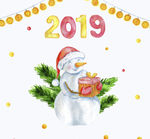 彩绘2019年怀抱礼物的雪人