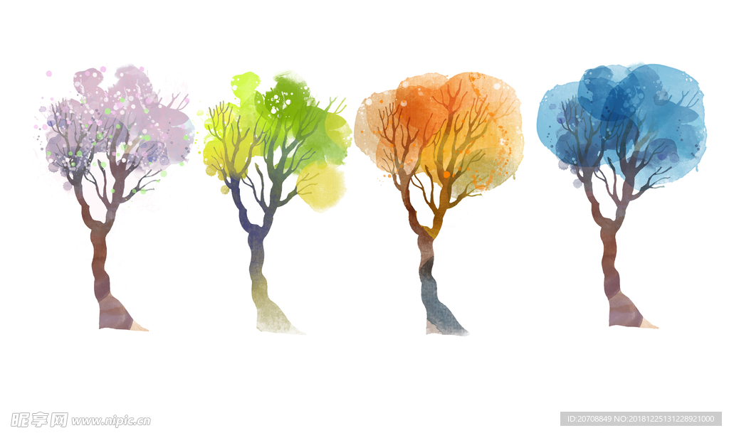 四季水彩树木矢量素材