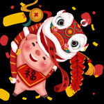 2019新年红色喜庆卡通猪舞狮