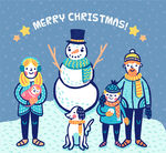 彩绘圣诞节四口之家和雪人矢量图