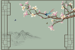 手绘花鸟玄关屏风背景墙底纹素材