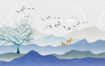 蓝色山水新中式玄关屏风背景底纹