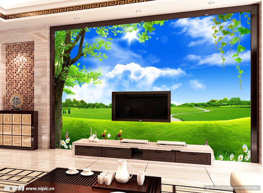 自然美景 中式 客厅电视背景墙