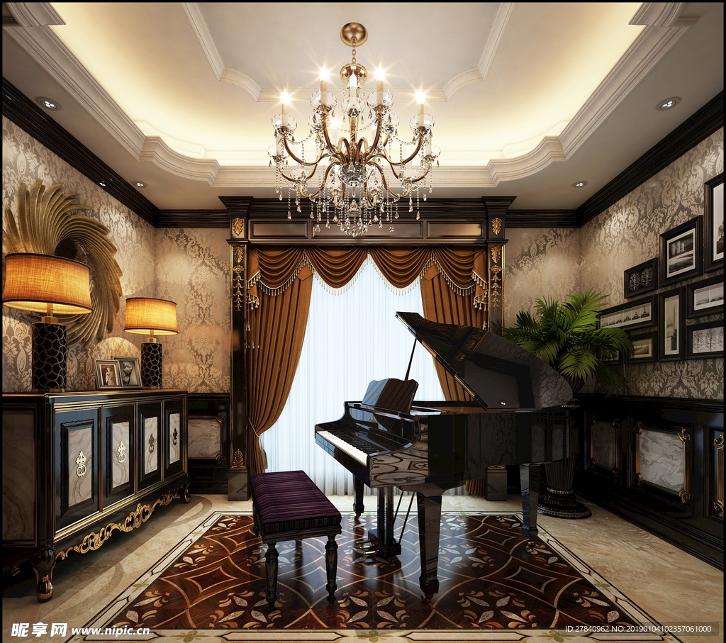 美式客餐厅效果图钢琴3D模型