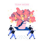 彩绘合作搬货币盆栽的团队人物矢