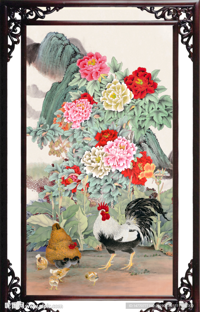 牡丹 富贵牡丹 国画公鸡