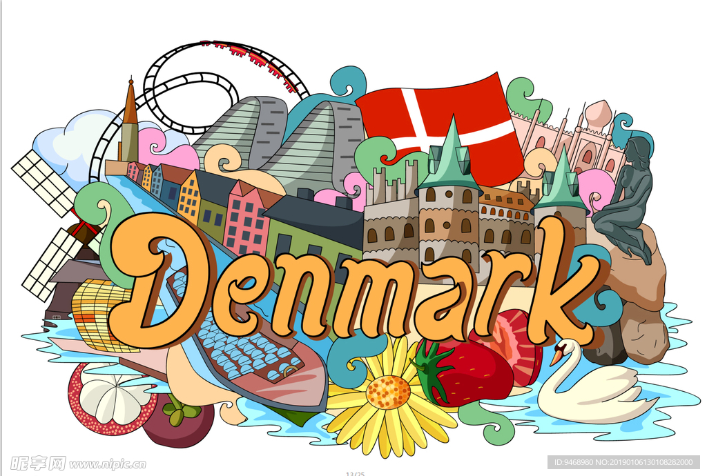 丹麦国家手绘插画