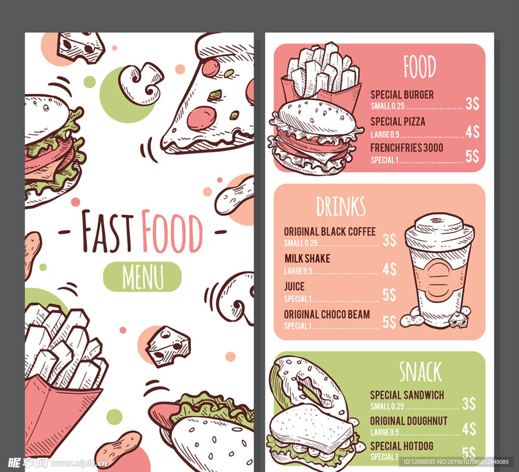 彩绘快餐食物菜单正反面矢量素材