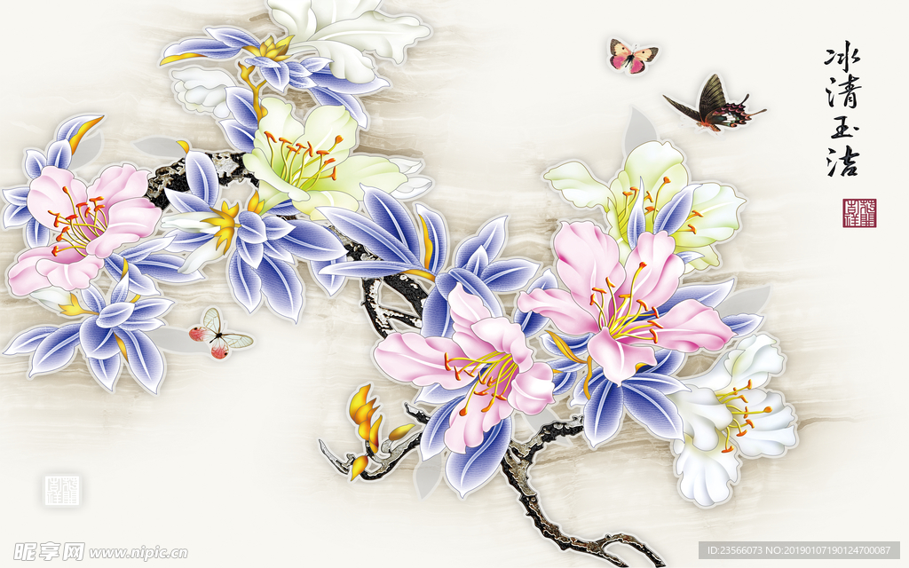 花朵蝴蝶富贵家庭画