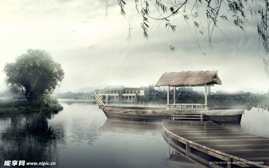 雨中的湖泊风景图片