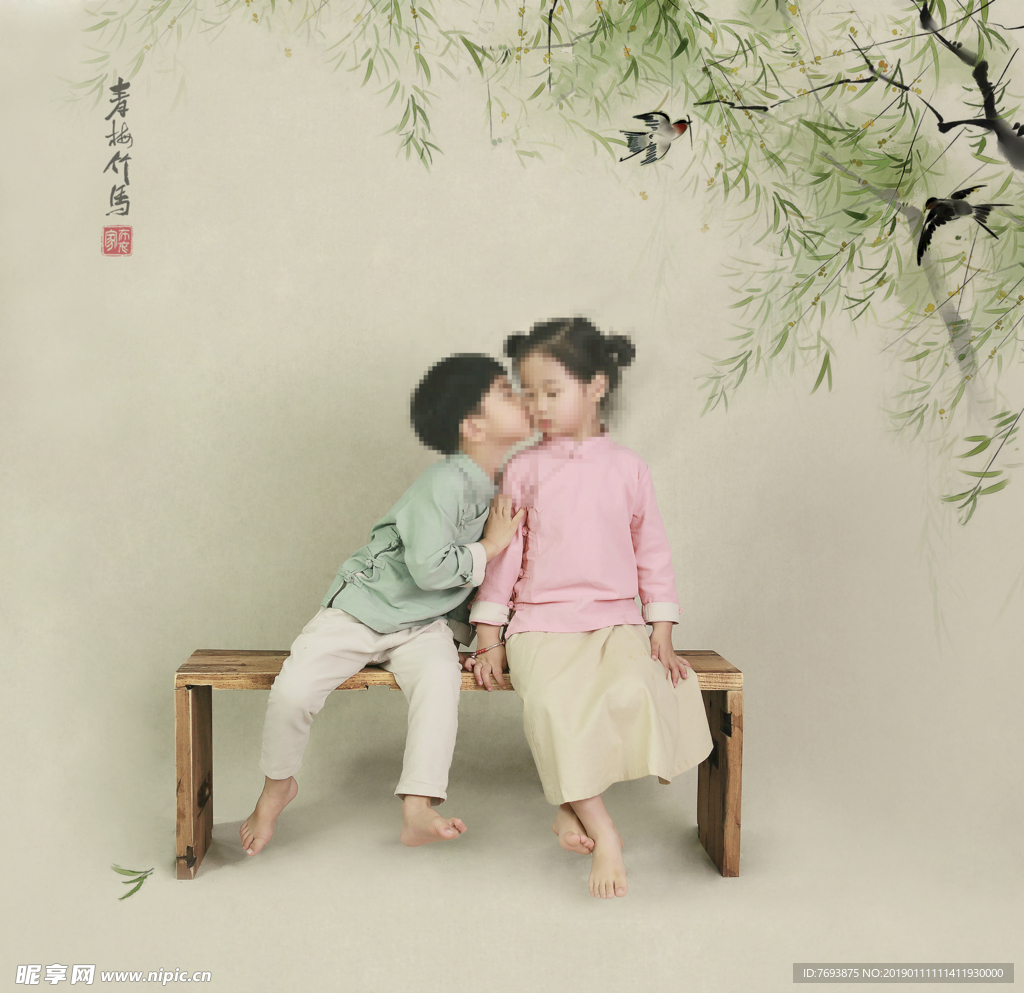 青梅竹马   工笔画
