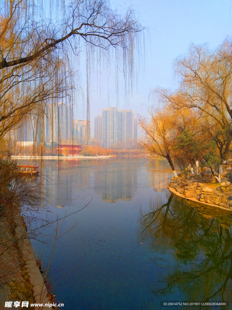 夕阳下的公园湖泊风景